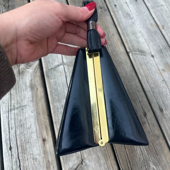 Vintage Navy Box Handbag Gold Hardware Top Handle 50s 60s Classic Chic - Picture 5 of 6